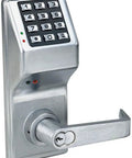 Satin Chrome Trilogy Cylindrical Privacy Lock With Standard Key Bypass And Digital Keypad For Offices, featuring keypad and lever handle.