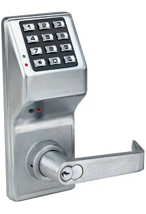 Satin Chrome Trilogy Cylindrical Privacy Lock With Standard Key Bypass And Digital Keypad For Offices, featuring keypad and lever handle.