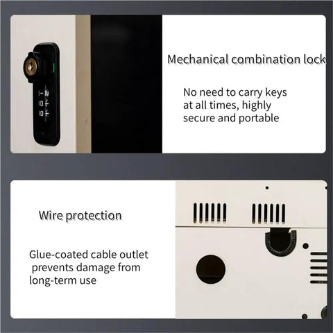 Lockdown Heavy Duty EV Charger Housing Box With Waterproof Shield For Floor Wall Station Secure Key Entry Tough Weather Guard showing mechanical combination lock and wire protection.