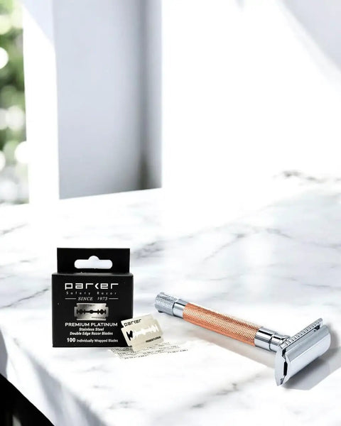 Pro-Grade Platinum Double Edge Safety Razor Blades 100 Count Salon Pack With Swedish Steel on countertop