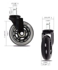 Heavy-duty office chair wheels floor safe design, 3-inch rubber, showing standard stem measurements, set of 5 for durable home office use.