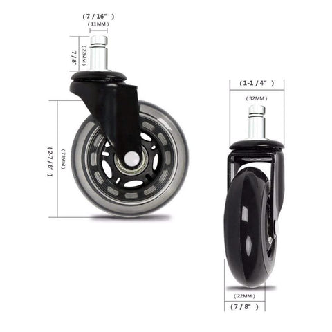 Heavy-duty office chair wheels floor safe design, 3-inch rubber, showing standard stem measurements, set of 5 for durable home office use.