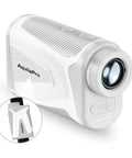 White handheld Go To Golf Rangefinder With Slope, Flag Lock Vibration, Rechargeable Battery, 7X Magnification displayed.