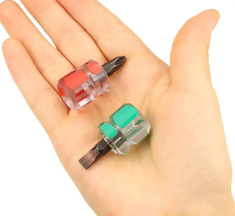 Mini Stubby Screwdriver Set With Magnetic Tips For Tight Spaces shown in hand, featuring color-coded cross and flat head drivers.