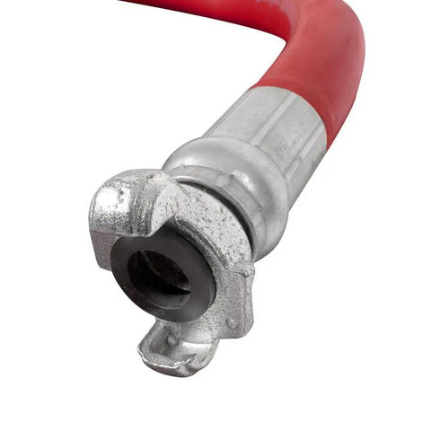 Heavy Hitter 50 Foot Air Compressor Hose With 1 Inch Diameter And Chicago Style Connectors Reinforced Braided Line Rated 250 Psi close-up of connector.