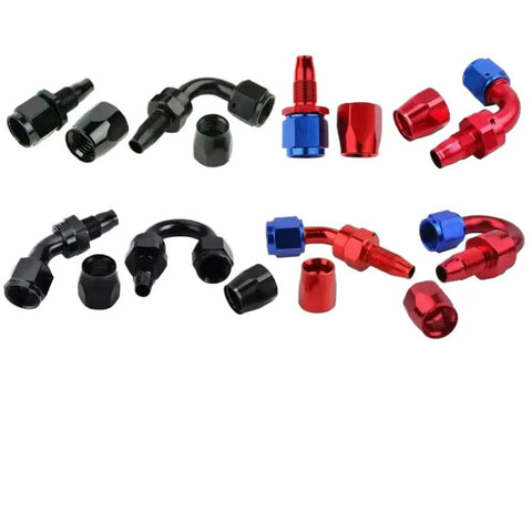 Ultra Durable AN4 Braided Fuel Hose Line Kit With Stainless Steel Fittings For Gas Oil Methanol And Brake Fluids In Zero 45 90 Degree Angles To Boost Your Ride Performance Today. AN4 45 90 degree aluminum hose fittings set in black red and blue