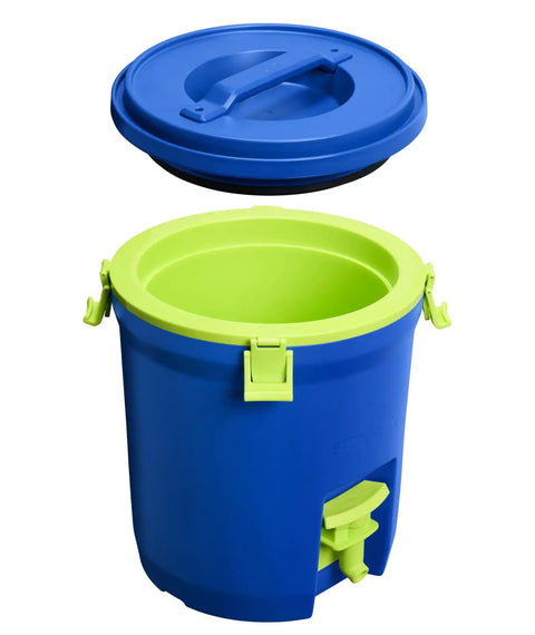 Hardcore Two Gallon Insulated Water Jug Featuring Double Wall Foam Build Keeps Your Daily Hydration Frosty Fresh On Any Campout Or Weekend Grind Session in blue and green with a secure lid.