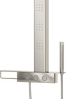 HomeStock Modern Stainless Steel Shower System with Rain Head, Body Jets, Hand Shower, and Storage Shelf in Brushed Finish with control panel and hand shower.