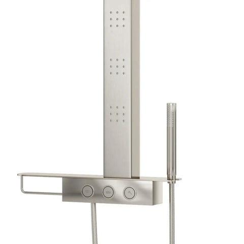 HomeStock Modern Stainless Steel Shower System with Rain Head, Body Jets, Hand Shower, and Storage Shelf in Brushed Finish with control panel and hand shower.