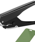 Heavy-Duty Oval Hole Punch, Metal Handheld Slot Puncher for ID Cards and Paper, shown with punched card