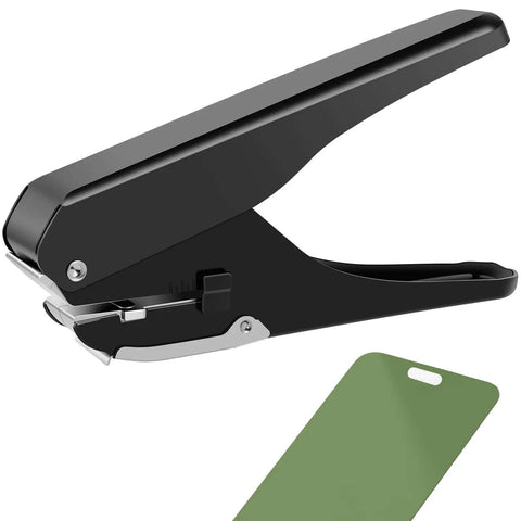 Heavy-Duty Oval Hole Punch, Metal Handheld Slot Puncher for ID Cards and Paper, shown with punched card
