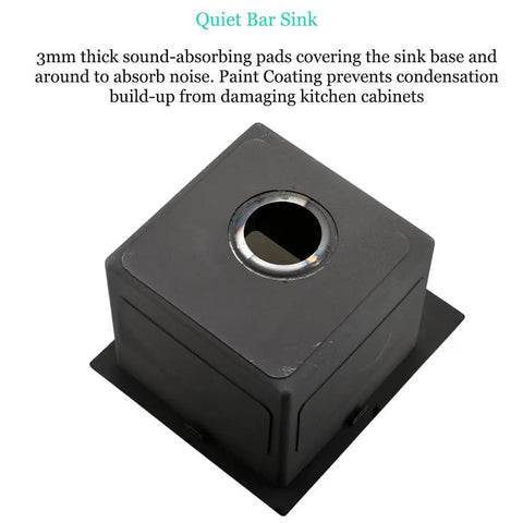 Bottom view of 15 Inch Drop In Bar Sink with sound-absorbing pads for noise reduction, top mount, RV ready.