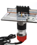 Precision Aluminum Router Table Insert Plate With Miter Gauge Guide Fence Sliding Brackets, 245mm for smooth routing on a workbench.