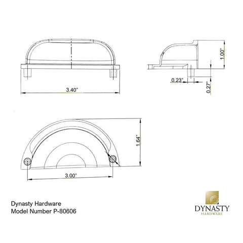Technical drawing of Oil Rubbed Bronze Cabinet Bin Pulls 3 Inch Center To Center Spacing 25 Pack With Mounting Screws.