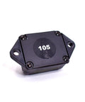 Heavy Duty 105 Amp Auto Reset Circuit Breaker For 30VDC Systems showing black weatherproof housing with marking.
