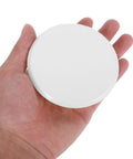 Concealed Premium Quality Fire Sprinkler Covers 2 Pack 3.34 Inch Round Ceiling Rings in hand, white plastic for hiding sprinkler heads.