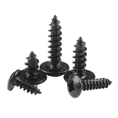 Heavy Duty M5 X 12mm Self Tapping Wood Screws In A 20 Piece Pack featuring black carbon steel build and round flanged heads.