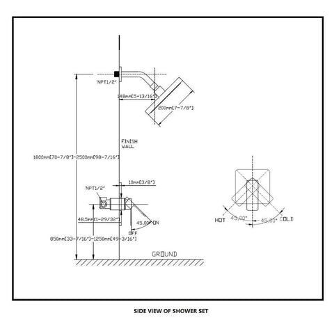 Side view schematic of Shower Trim Kit With Rough-In Valve And Square Stainless Steel Rain Showerhead Polished Chrome No Fuss Install Bath Shower System With Rainfall Face Half Inch NPT Compatible Modern Luxury Spa Feel.