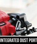 Integrated dust port on Super Compact One Handed Cordless Circular Saw Kit with four and a half inch blade for efficient cleanup.