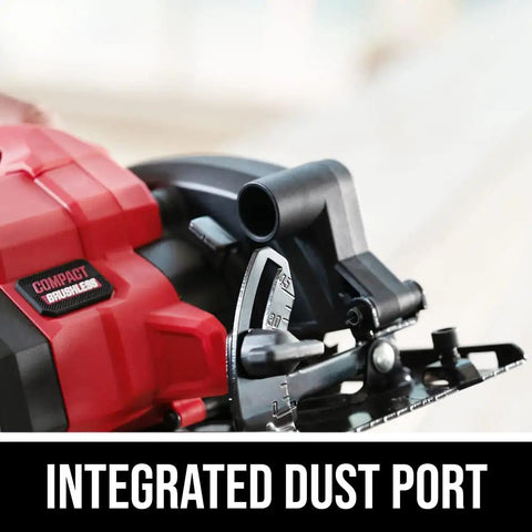 Integrated dust port on Super Compact One Handed Cordless Circular Saw Kit with four and a half inch blade for efficient cleanup.