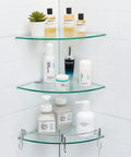 Glass Shower Shelves Three Tier Corner Organizer With Hangers, durable stainless steel and glass in bathroom setting
