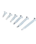 Self Drilling Screws Kit 160 Pcs Carbon Steel Blue Zinc Plated Countersunk Cross Head Fasteners M4.2 For Wood Heavy Duty Rust Resistant Ultra Sharp Threads Deep Thread Design Easy Grip Quick Install, five screws on white background