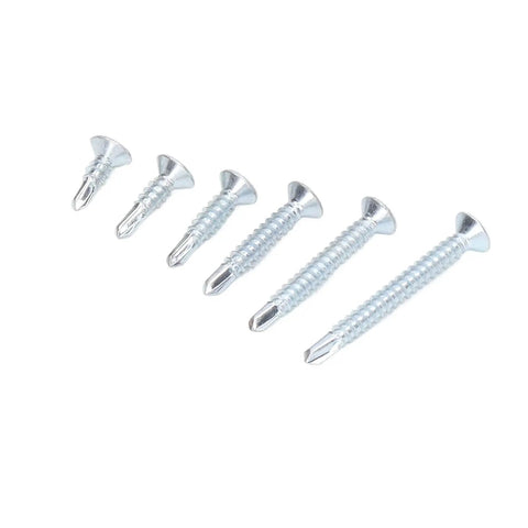 Self Drilling Screws Kit 160 Pcs Carbon Steel Blue Zinc Plated Countersunk Cross Head Fasteners M4.2 For Wood Heavy Duty Rust Resistant Ultra Sharp Threads Deep Thread Design Easy Grip Quick Install, five screws on white background
