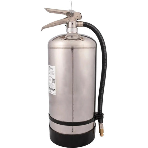 Six Liter Class K Wet Chemical Fire Extinguisher Packed With Stainless Steel Valve And Wall Mount Hanger For Commercial Kitchen Grease Flames Ready To Squash Hot Oil And Save The Day