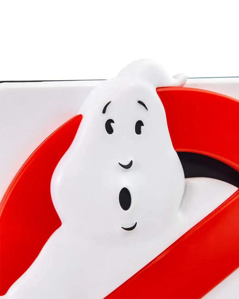 Close-up of Ghostbusters Logo Lamp Wall Light For Gaming And Home Decor with a lit glow, highlighting the iconic ghost design.