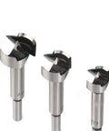 Professional Five Piece Self Centering Hole Saw And Forstner Drill Bit Set For Hardwood Plywood And Plastics showing three bit sizes.