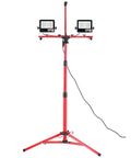 Dual-head LED work light with tripod stand in red, showing adjustable height and foldable features, IP65 waterproof, 5000 lumens