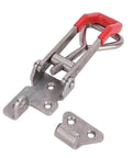 Heavy Duty Toggle Clamp 304 Stainless Steel With Adjustable Lever Handle Delivers 250Kg Clamping Force For Welding Jigs And Fixtures Built Tough For Secure Easy Setup, shown in disassembled state, with red handle and steel base.