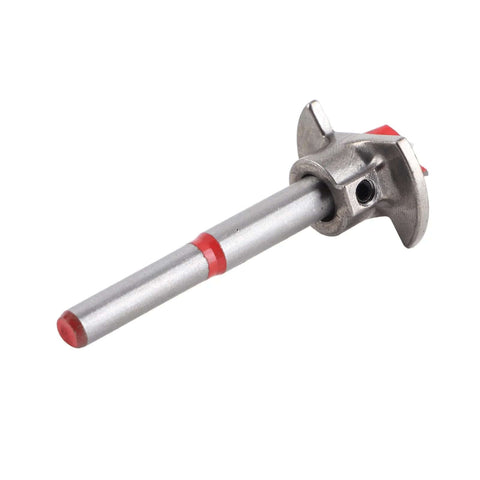 Pocket hole drill jig for wood with 15mm locator, metal shaft, and red accents