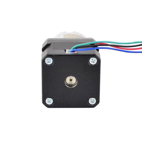 Front view of a NEMA 17 stepper motor with black gearbox housing, brass output shaft, and multicolor wired leads.