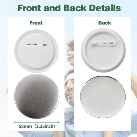 Mostme 58mm button parts set; front view shows white button face, back view shows metal shell with pin-back.