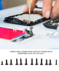 Knockout 1000 Piece Self Tapping Screw Assortment Kit With Tough Carbon Steel Phillips Pan Head Mini Fasteners for Phone Watch and Glasses Easy Fix M1.4 To M3 Sizes, detailed view of screws being used in a phone repair.