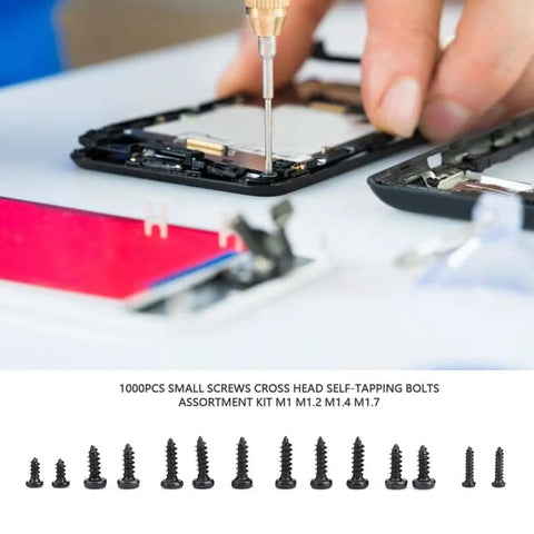 Knockout 1000 Piece Self Tapping Screw Assortment Kit With Tough Carbon Steel Phillips Pan Head Mini Fasteners for Phone Watch and Glasses Easy Fix M1.4 To M3 Sizes, detailed view of screws being used in a phone repair.
