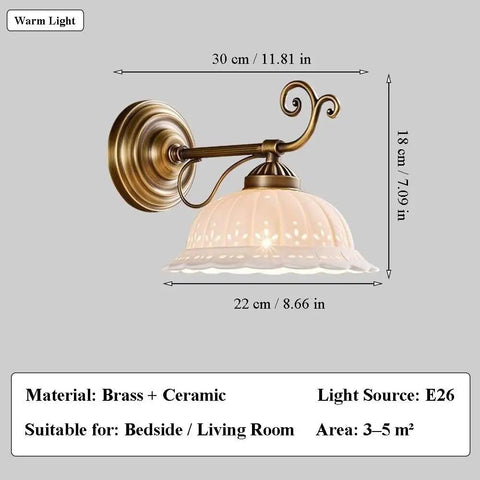 Ceramic Wall Sconce, 9 Inch Brass Vintage Light with floral cutout shade, antique brass finish, suitable for bedside or living room.
