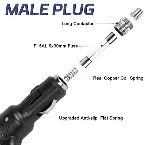 Hella Tough Universal Car Cigarette Lighter Splitter, 12V To 24V Dual Port Power Adapter male plug components with fuse and spring.