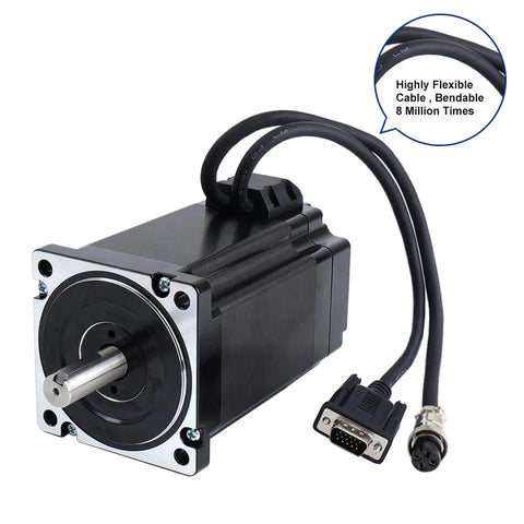 Nema 34 closed-loop stepper motor, front view with mounting flange, silver shaft, and driver cable.