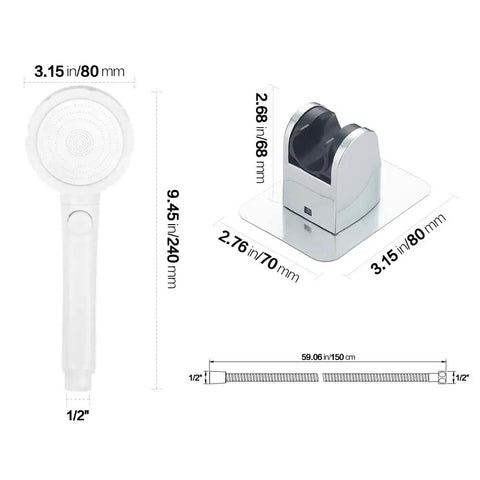 Dimensions of the No-Drill High Pressure Handheld Shower Head With On Off Pause Switch, bracket, and hose