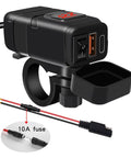 Motorcycle Usb Charger With Badass Waterproof Sae To Usb Adapter For Sweet Street Rides Featuring Knockout Dual Fast Quick Charge 3 Plus Pd Voltage Meter Plug And Play Toggle Switch Red close-up view showing ports and wiring.