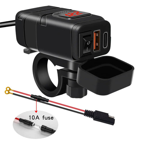Motorcycle Usb Charger With Badass Waterproof Sae To Usb Adapter For Sweet Street Rides Featuring Knockout Dual Fast Quick Charge 3 Plus Pd Voltage Meter Plug And Play Toggle Switch Red close-up view showing ports and wiring.