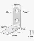 Rock Solid 304 Stainless Steel Corner Braces, L Shaped cabinet joint connector with dimensions and screws included.
