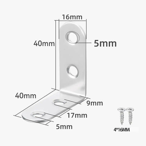 Rock Solid 304 Stainless Steel Corner Braces, L Shaped cabinet joint connector with dimensions and screws included.