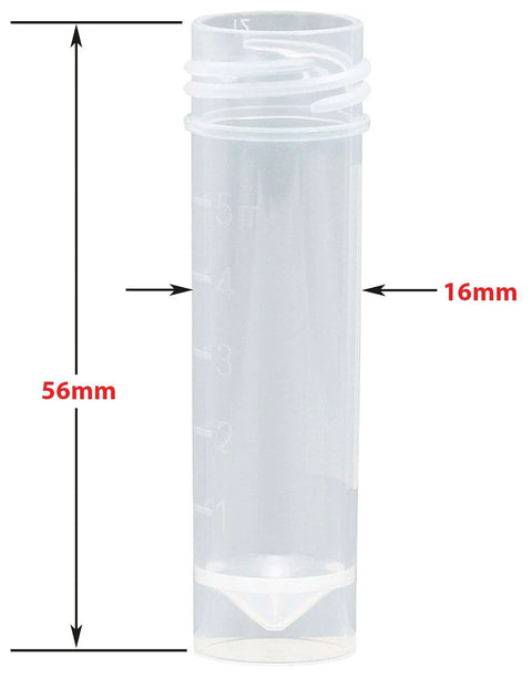 Front view: clear polypropylene 5 mL transport tube with graduations, conical bottom, attached white screw cap.
