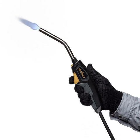 Person holding Reach Hose Torch With 5 Foot Hose, Trigger Start One Hand Operation, High Intensity Swirl Flame, Red 8250 Reach Torch