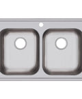 Sturdy Stainless Steel Kitchen Sink With Equal Size Double Bowls For Drop In Installation 33 Inch By 21 And One Quarter Inch Opening Fits 36 Inch Cabinets ADA Compliant When Properly Installed, top view