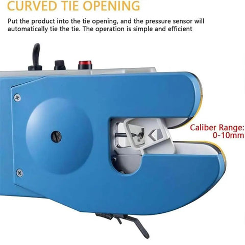 Close-up of No Sweat Electric Semi Automatic Bag Closure Machine Twist Tie Bundler showing curved tie opening features.