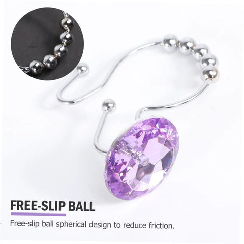 Double Hooks Glide Shower Curtain Rings No Fuss Rust Resistant Stainless Steel Purple Decorative Design For Easy Hanging Of Shower Curtains And Liners In Your Modern Bathroom, featuring a close-up of a purple acrylic and metal hook with free-slip ball design.